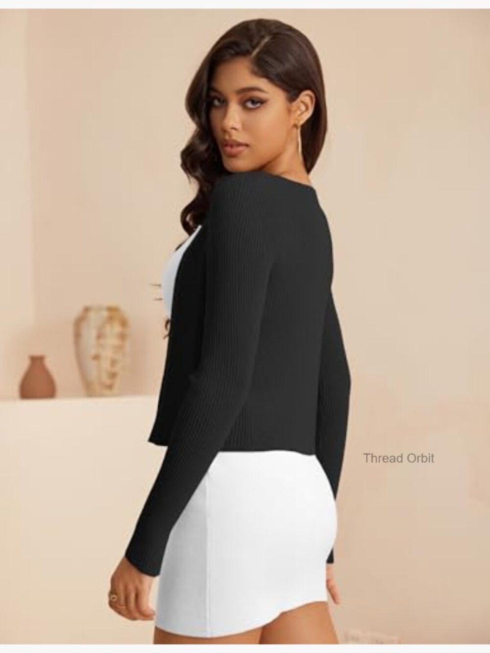 Open Front Cropped Cardigan V-Neck Long Sleeve Rib Knit Shrug - Picture 2 of 5